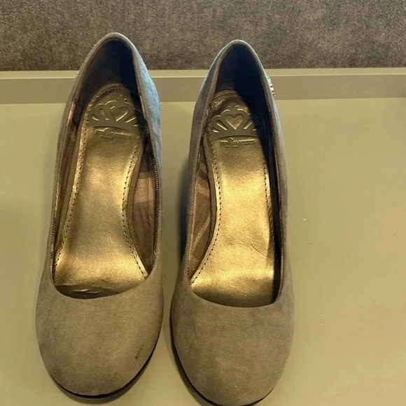 Fergalicious Shoes - FERGALICIOUS WEDGE CLOSED TOE SUADE MATERIAL GREY 3.5 “ HEAL SIZE 7.5 NEVER WORN